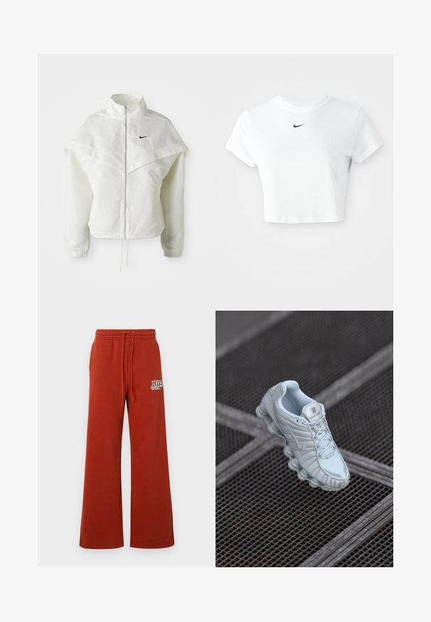 Witte lange mouwen zip-up jas met hoge kraag, cape-achtige details over de schouders, elastische manchetten en een klein zwart Nike-logo op de borst.; Witte cropped T-shirt van katoen, met korte mouwen en een ronde halslijn, voorzien van een zwart Nike-logo op de borst.; Rode wijde joggingbroek met elastische tailleband en trekkoord. Voorzien van een gedrukt Nike-logo aan de linkerkant. Zachte textuur, casual ontwerp.; Lichtblauw sportschoen met een gestructureerde bovenkant, voorzien van een ronde zool met cilindrische elementen en een opvallend logo op de tong.