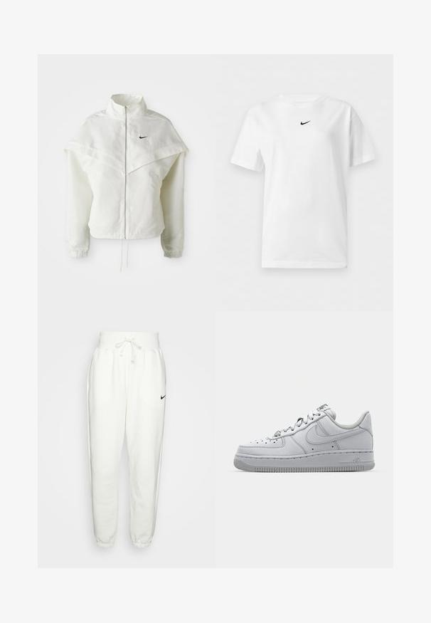Hvid langærmet zip-up jakke med høj krave, kappe-lignende detaljer over skuldrene, elastiske manchetter og lille sort Nike-logo på brystet.; Hvid t-shirt med korte ærmer og rund halsudskæring med et lille sort Nike Swoosh-logo centreret nær kraven.; Hvide sweatpants lavet af et blødt stof, med elastisk talje med snøre, sidelommer og et sort Nike-logo på venstre lår.; Hvid lædersneaker med lavt design, rund tå, perforerede detaljer og en tekstureret gummisål. Har grå accenter på tungen.