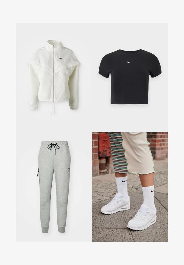 Weiße langärmlige Zip-Jacke mit hohem Kragen, cape-artigem Detail über den Schultern, elastischen Bündchen und kleinem schwarzen Nike-Logo auf der Brust.; Schwarzes, kurz geschnittenes T-Shirt aus Baumwolle mit rundem Ausschnitt und kurzen Ärmeln. Auffälliges weißes Nike-Logo auf der Brust.; Graue Jogginghose aus weichem Material mit einem Zugbandbund, schmal zulaufenden Beinen und einer Reißverschlusstasche auf der linken Seite. Mit schwarzem Logo.; Weiße Nike Air Max 90 Sneakers mit Obermaterial aus Mesh und Leder, ausgestattet mit einer sichtbaren Air-Einheit, kombiniert mit weißen gerippten Socken mit schwarzem Logo.