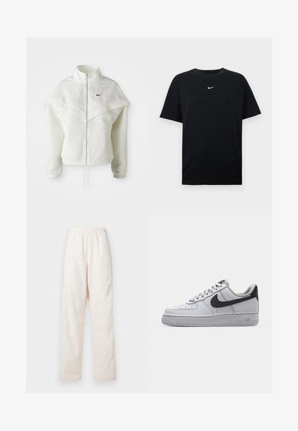 Hvid langærmet zip-up jakke med høj krave, kappe-lignende detaljer over skuldrene, elastiske manchetter og lille sort Nike-logo på brystet.; Sort bomulds-T-shirt med rund hals og korte ærmer. Har en lille hvid Nike-logo centreret på brystet. Glat tekstur.; Løse, cremefarvede bukser med elastisk talje og lige ben, vist mod en ensfarvet hvid baggrund.; Hvide lædersko med grå accenter, rund tå, tekstureret overflade, polstret krave og kontrasterende sort swoosh-logo. Luftdæmpende sål.