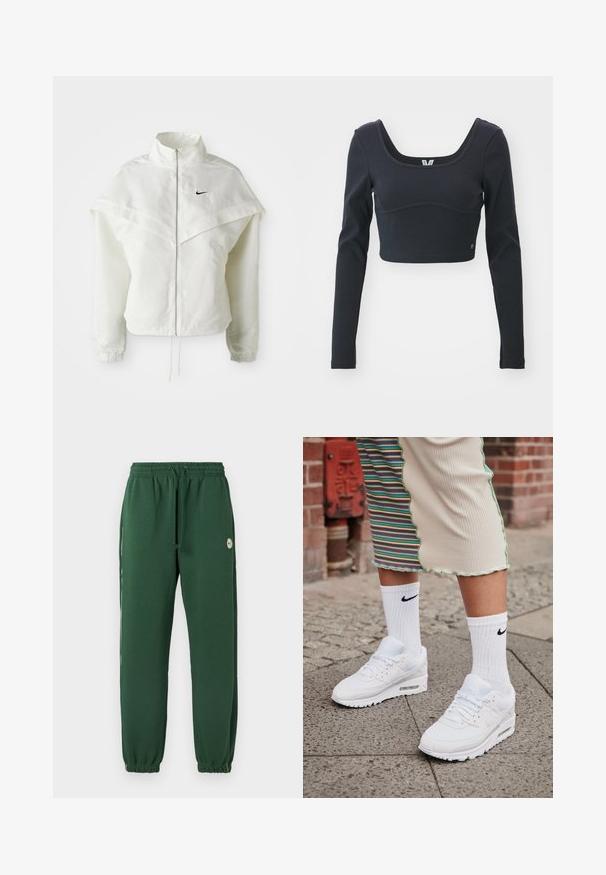 Witte lange mouwen zip-up jas met hoge kraag, cape-achtige details over de schouders, elastische manchetten en een klein zwart Nike-logo op de borst.; Zwarte langemouwen cropped top in geribbeld textuur, met een brede ronde halslijn en een aansluitende pasvorm, voorzien van een subtiele merklogo-accent.; Groene joggingbroek van zachte stof met een tailleband met trekkoord, elastische boorden en een klein logoplaatje aan de zijkant. Voorzien van zijstrepen.; Witte Nike Air Max 90 sneakers met een bovenwerk van mesh en leer, voorzien van een zichtbare luchtunit, gecombineerd met witte geribbelde sokken met een zwart logo.