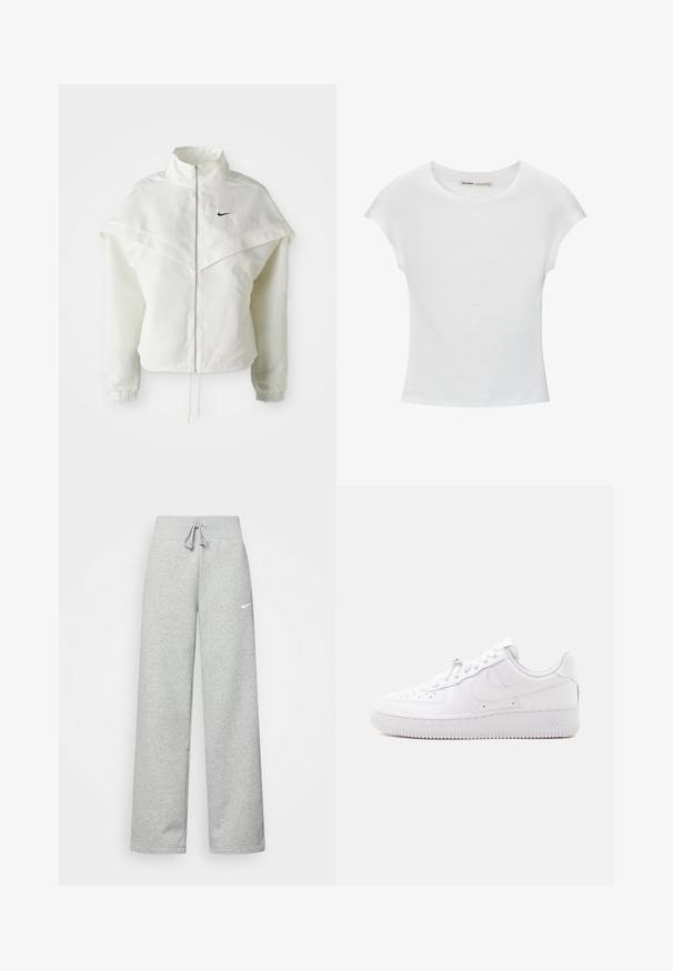 Weiße langärmlige Zip-Jacke mit hohem Kragen, cape-artigem Detail über den Schultern, elastischen Bündchen und kleinem schwarzen Nike-Logo auf der Brust.; Weißes Baumwoll-T-Shirt mit kurzen, aufgerollten Ärmeln, rundem Ausschnitt und geradem Saum. Glatte Textur ohne sichtbare Muster oder Akzente.; Graue Jogginghose mit elastischem Bund, Kordelzug und kleinem weißen Nike-Logo am linken Oberschenkel. Weicher Stoff, locker sitzend.; Niedriger weißer Sneaker mit perforierter Spitze, Schnürverschluss, strukturierter Sohle und subtilem Swoosh-Logo an der Seite.