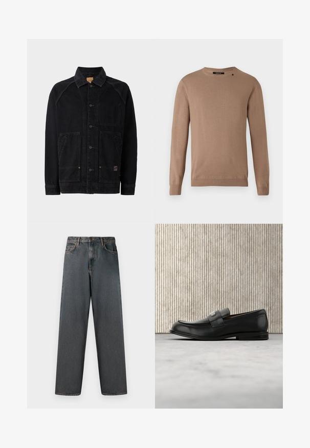 Sort denimjakke med klassisk krave, frontknaplukning, to sidelommer med klap og en brystlomme; synlige stikninger som detaljer.; Beige langærmet sweater med rund halsudskæring, lavet af blødt, tekstureret stof. Har ribbede manchetter og søm samt en lille logodetalje.; Mørkegrå denimjeans med lige ben, fem lommer og en knap- og lynlås-lukning. Stofmet har diskret falming og syninger.; Sort læderloafer med metalbrandskilt hvilende nær et brunt rundt bord på beige tæppe.