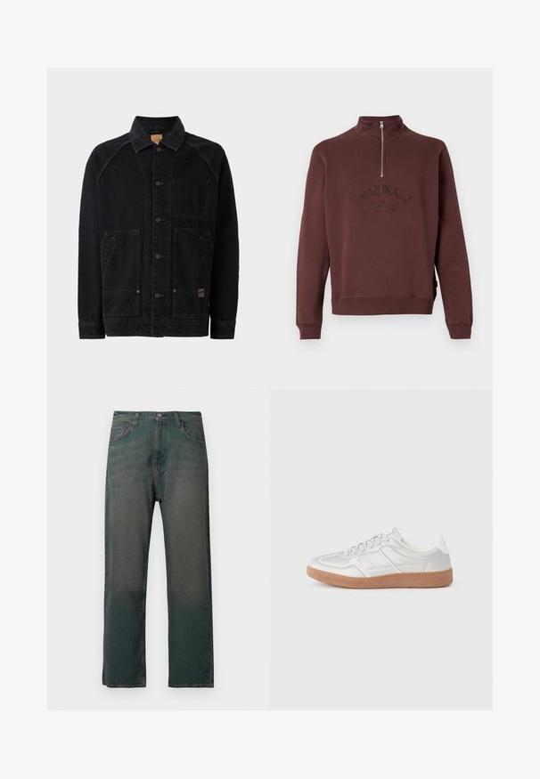 Zwarte denimjack met een klassieke kraag, voorzijde met knoopsluiting, twee zijzakken met klep en één borstzak; zichtbare stiksels als accent.; Bordeaux sweatshirt met een hoge kraag en halve rits, voorzien van reliëftekst "ORIGINALS Studio" op de voorkant en geribbelde manchetten.; Donkergroene spijkerbroek met rechte pijpen, voorzien van een klassiek ontwerp met vijf zakken en contrasterende stiksels langs de naden.; Zilveren sneakers met een gladde textuur, vetersluiting, geperforeerde accenten en een gestructureerde bruine rubberen zool.