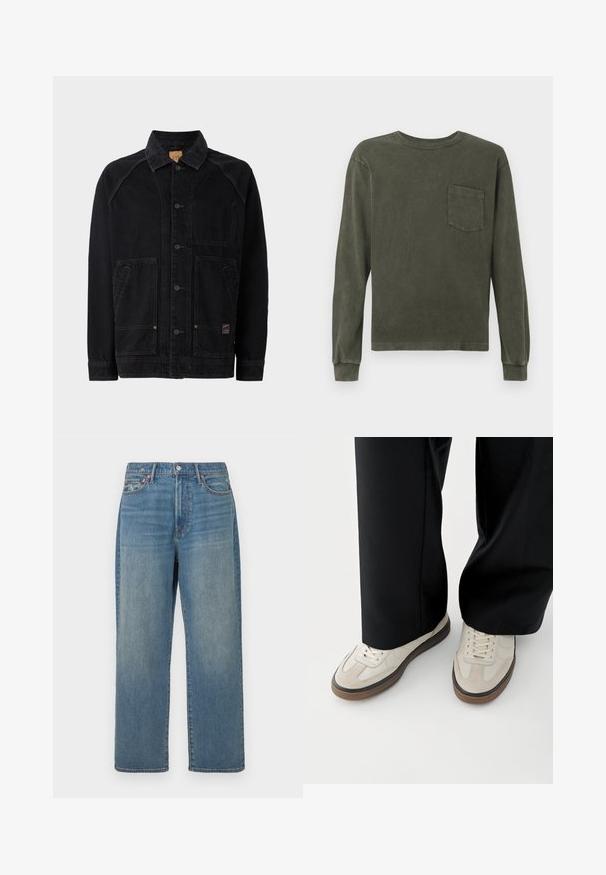 Sort denimjakke med klassisk krave, frontknaplukning, to sidelommer med klap og en brystlomme; synlige stikninger som detaljer.; Langærmet skjorte i mørk olivengrøn, lavet af blødt materiale, med rund hals og en brystlomme. Glat tekstur, afslappet pasform.; Blå lige ben denim jeans med falmet vask, fem-lomme design og knaplukning i taljen.; Fødder iført beige sneakers med brune såler og sorte bukser med vide ben på hvid baggrund.