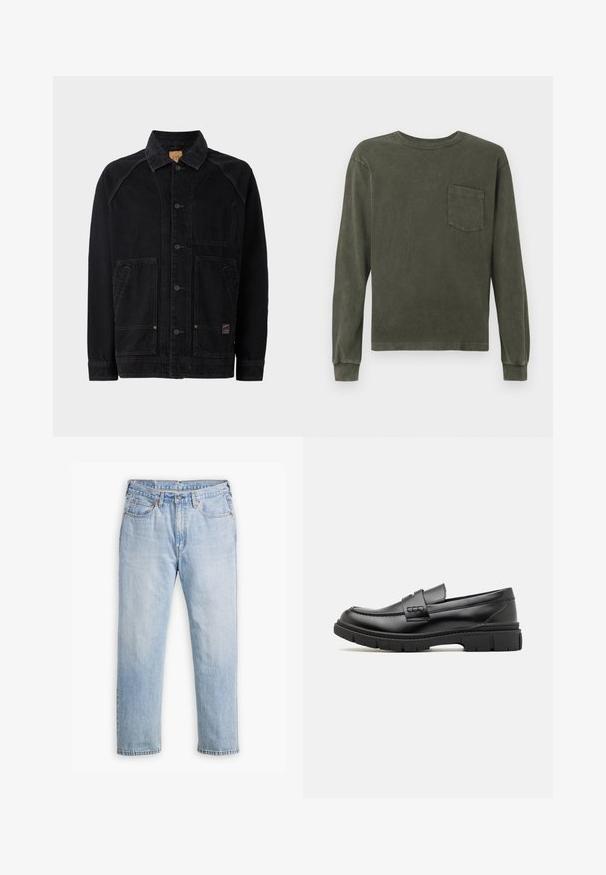 Sort denimjakke med klassisk krave, frontknaplukning, to sidelommer med klap og en brystlomme; synlige stikninger som detaljer.; Langærmet skjorte i mørk olivengrøn, lavet af blødt materiale, med rund hals og en brystlomme. Glat tekstur, afslappet pasform.; Lysblå denimjeans med lige bendesign, fem lomme stil og kontrastsyet. Knap- og lynlåslukning i taljen.; Sort læder loafersko med en bred rem over forfoden, gummisål med tykke mønstre og glat overflade. Klassisk, slankt design.