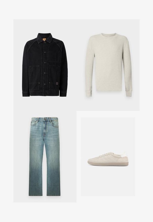 Sort denimjakke med klassisk krave, frontknaplukning, to sidelommer med klap og en brystlomme; synlige stikninger som detaljer.; Lys grå ribbet langærmet sweater med rund halsudskæring og tætsiddende manchetter, der har et struktureret stof og et enkelt design.; Lyseblå straight-leg denimjeans med klassisk fem-lomme-design og knappelukning, vist på en ensfarvet hvid baggrund.; Beige ruskindssneaker med en tekstureret overdel, glat hvid hælkappe, tynde snørebånd og en gummi-ydersål. Har et lavt profil design.