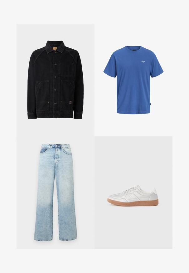 Sort denimjakke med klassisk krave, frontknaplukning, to sidelommer med klap og en brystlomme; synlige stikninger som detaljer.; Blå t-shirt med korte ærmer og rund hals med lille hvidt logotekst på venstre bryst, hvor der står "JACK & JONES PREMIUM."; Lyseblå høj talje jeans i denim med knap- og lynlåslukning, forlommer og vidde i benene.; Sølv sneakers med en glat overflade, snørebånd, perforerede detaljer og en struktureret brun gummi sål.