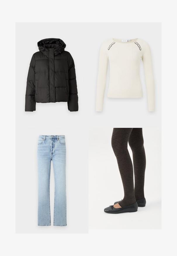 Veste doudoune noire avec capuche, fermeture éclair à l'avant, motif matelassé et poignets élastiques. Fabriquée en matériau synthétique lisse.; Top à manches longues côtelé en blanc cassé avec un col rond et des accents noirs contrastants sur les épaules. Texture en tricot, design ajusté.; Jean en denim bleu clair avec une coupe droite, dotés d'une taille haute, d'un style classique à cinq poches et d'un léger effet délavé.; Jambes portant des leggings côtelés foncés associés à des ballerines noires avec de petits détails en nœud sur fond blanc.