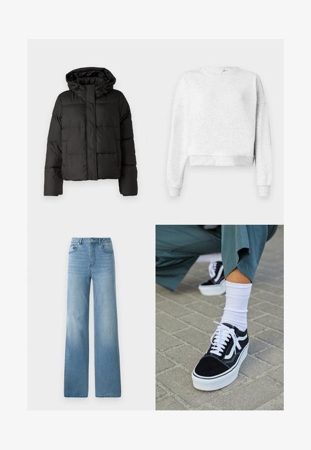Veste doudoune noire avec capuche, fermeture éclair à l'avant, motif matelassé et poignets élastiques. Fabriquée en matériau synthétique lisse.; Sweatshirt en coton gris avec un col rond, des épaules descendues et des poignets côtelés. Présente un ourlet court et un tissu doux et texturé.; Jean taille haute bleu clair avec une coupe droite. Fabriqué en denim, avec cinq poches et une fermeture à bouton.; Baskets en suède noir avec des accents et des lacets blancs, présentant une épaisse semelle blanche et des coutures contrastantes, associées à une chaussette blanche.