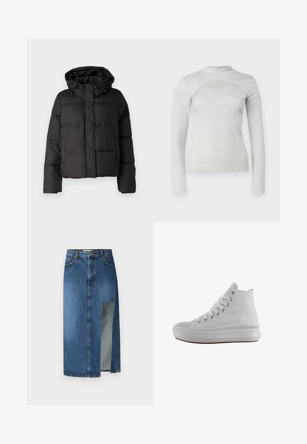 Veste doudoune noire avec capuche, fermeture éclair à l'avant, motif matelassé et poignets élastiques. Fabriquée en matériau synthétique lisse.; Haut à manches longues gris clair avec texture côtelée, col montant, découpe et petit logo brodé sur la poitrine.; Jupe en denim bleu moyen avec une coupe droite et une fente sur le côté. Comprend un design classique à cinq poches et des passants de ceinture, avec des coutures visibles.; Baskets montantes en toile blanche avec lacets blancs, œillets métalliques, semelle épaisse en caoutchouc et bout texturé, orientées vers la gauche sur fond blanc.