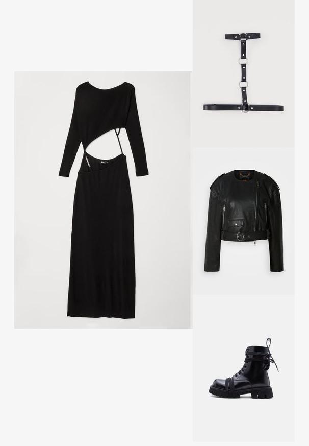 Sort læder cropped jakke med asymmetrisk frontlynlås, lynlås-lommer, skulderepauletter og en taljeelastik med en metallisk spænde.; Sort ribbet langærmet kjole med en tætsiddende silhuet, asymmetrisk udskæring i taljen og en glat tekstur.; Blank sort kampstøvle med kraftig sål og lange snørebånd, der er viklet omkring anklen og foden, sat mod en ensartet lys baggrund.; Sort sele i kunstlæder med sølvfarvede metalkrøller og nitter, med justerbare stropper arrangeret i et lodret og vandret mønster.