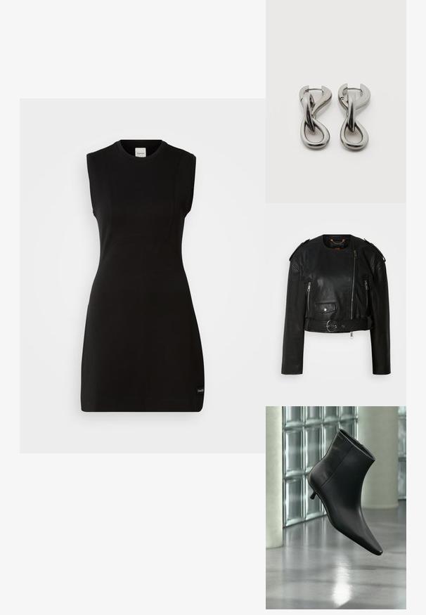 Sort læder cropped jakke med asymmetrisk frontlynlås, lynlås-lommer, skulderepauletter og en taljeelastik med en metallisk spænde.; Erm løse sorte Calvin Klein kjole med tætsiddende pasform, rund halsudskæring og diskret sømdetaljering på en hvid baggrund.; Sort læderankelstøvle med spids tå og lav kitten-hæ, vist vinklet mod en poleret gulv- og glasblokvæg.; Par af sølvtonede metale øreringe med abstrakt sammenflettet løbedesign på hvid baggrund.