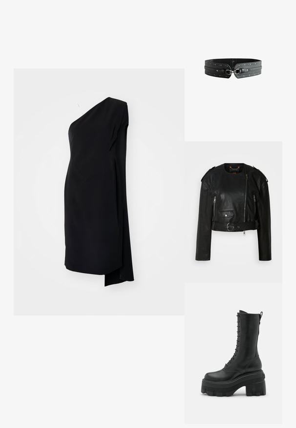 Sort læder cropped jakke med asymmetrisk frontlynlås, lynlås-lommer, skulderepauletter og en taljeelastik med en metallisk spænde.; Sort asymmetrisk kjole med én skulder, lavet af glat stof, med en draperet design og en sideslids for ekstra detaljer.; Sort læder snørebod med en høj platformsål, der har en rund tå, lynlås i siden og tekstureret sål for bedre greb.; Sort bredt læderbælte med sølvnitter og en central metal spænde lukning på hvid baggrund.