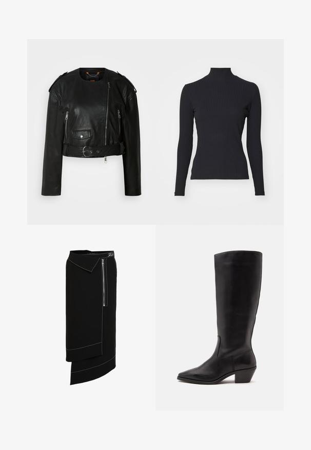 Sort læder cropped jakke med asymmetrisk frontlynlås, lynlås-lommer, skulderepauletter og en taljeelastik med en metallisk spænde.; Sort ribbet turtle-sweater med lange ærmer. Lavet af strækbart stof med en tætsiddende pasform og høj krave. Enkel design uden udsmykninger.; Sort midi-nederdel med bred krave, der har en sidelukning med lynlås, hvide sy-accenter og et asymmetrisk kantdesign. Glat tekstur.; Sort læderstøvle til midtkalv med spids tå og lavt skråt hæl på en enkel lys baggrund.