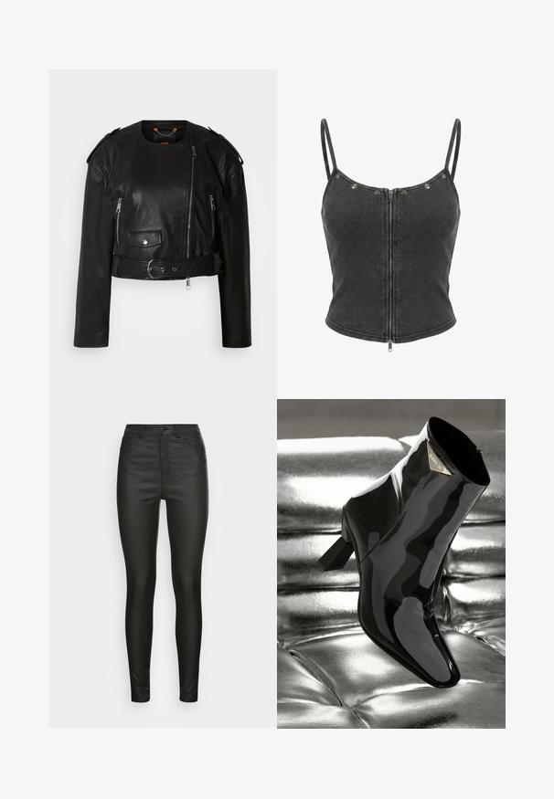 Sort læder cropped jakke med asymmetrisk frontlynlås, lynlås-lommer, skulderepauletter og en taljeelastik med en metallisk spænde.; Sort ribstrikket crop top med tynde skulderstropper, lynlås foran og sølv trykknapdetaljer langs halsudskæringen.; Vero Moda VMSANDRA COATED - Bukser - black; Sorte patentlæder ankelstøvler med spids tå og firkantet hæl. Har en guld logo-plade og en glat, blank finish.