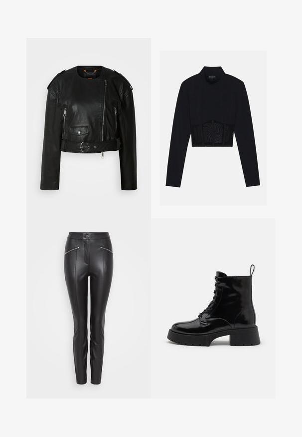 Sort læder cropped jakke med asymmetrisk frontlynlås, lynlås-lommer, skulderepauletter og en taljeelastik med en metallisk spænde.; Sort langærmet crop top med høj hals, en transparent meshpanel ved taljen og strukturerede sømme for et tætsiddende design.; Sorte læderbukser med slim fit, der har lodrette sømme, en lynlåslomme på hver side og en knaplukning i taljen.; Sorte patentlæder ankelstøvler med en kraftig sål, rund tå, snørebånd fortil og en strop bagpå. Flad, struktureret gummisål.