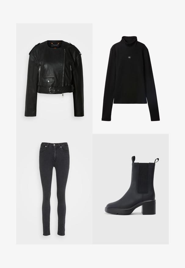 Čierna kožená skrátená bunda s asymetrickým predným zipsom, zipsovými vreckami, ramennými epauletmi a opaskom v páse s kovovou prackou.; Čierny rebrovaný top s dlhým rukávom a rolákom s malou štvorcovou nášivkou s logom Calvin Klein uprostred na hrudi.; Čierne úzke denimové nohavice s predným gombíkom, zipsom, pútkami na opasok a piatimi vreckami.; Čierne členkové topánky z hladkého gumového materiálu, s elastickými bočnými panelmi, blokovým podpätkom a sťahovacími pútkami na vrchu pre jednoduché obúvanie.