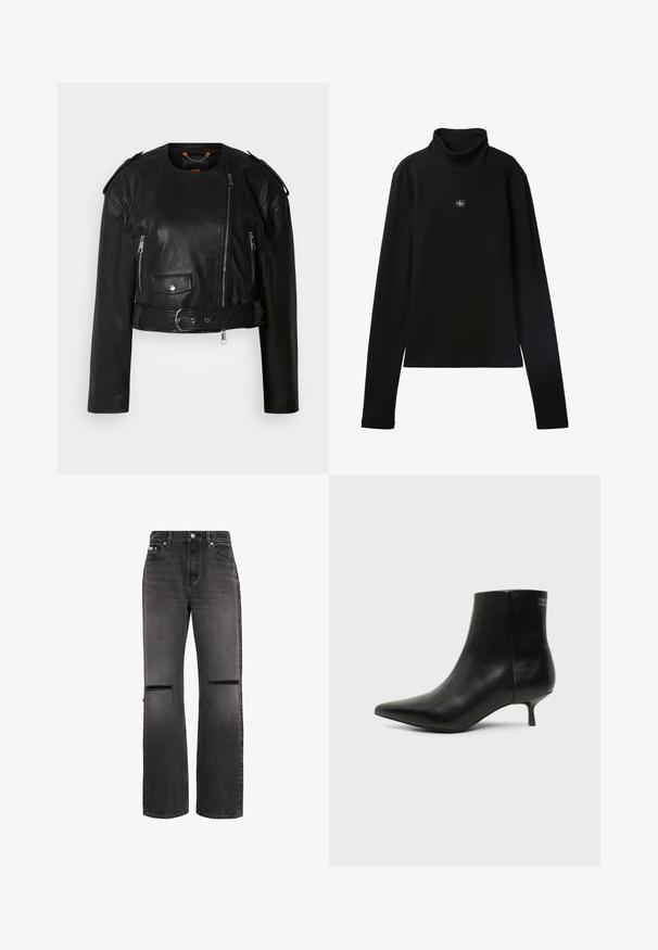 Sort læder cropped jakke med asymmetrisk frontlynlås, lynlås-lommer, skulderepauletter og en taljeelastik med en metallisk spænde.; Sort ribstrikket bluse med lange ærmer og lille firkantet Calvin Klein-logo placeret centralt på brystet.; Sorte jeans med lige ben, med slidte, vandrette slidser på begge knæ og klassisk fem-lomme design.; Sort læder ankelstøvle med spids tå og lav kitten hæl på lys baggrund, der viser yderside.