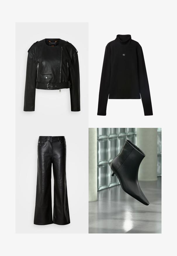 Veste cropped en cuir noir avec fermeture éclair asymétrique à l'avant, poches zippées, épaulettes et une ceinture à la taille avec une boucle métallique.; Haut noir à col roulé côtelé à manches longues avec petit patch carré du logo Calvin Klein centré sur la poitrine.; Pantalons larges en cuir noir à la texture lisse, avec une fermeture à bouton devant, deux poches latérales et des détails de couture minimalistes.; Bottine en cuir noir à bout pointu et petit talon kitten, présentée en angle devant un sol poli et un mur en blocs de verre.
