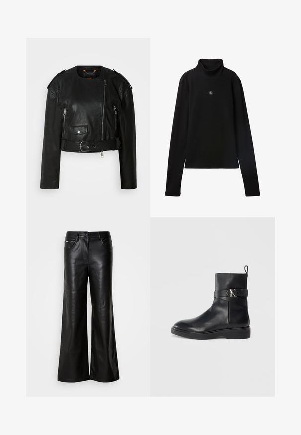 Schwarze Lederjacke mit verkürztem Schnitt, asymmetrischem Frontreißverschluss, Reißverschlusstaschen, Schulterklappen und einem Taillengürtel mit einer metallischen Schnalle.; Schwarzes, geripptes Langarm-Top mit Rollkragen und kleinem quadratischem Calvin Klein Logo-Patch zentral auf der Brust.; Schwarze Leder-Breitbein-Hosen mit einer glatten Textur, ausgestattet mit einem vorderen Knopfverschluss, zwei Seitentaschen und minimalen Nähten.; Schwarze Leder-Stiefelette mit flacher Sohle, ausgestattet mit einem seitlichen Riemen und silbernem CK-Logo-Detail. Glatte Textur und schlankes Design.