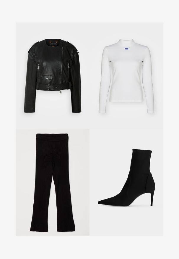 Sort læder cropped jakke med asymmetrisk frontlynlås, lynlås-lommer, skulderepauletter og en taljeelastik med en metallisk spænde.; Hvid langærmet turtleneck-top lavet af strækstof, med en tætsiddende design og et lille blåt logo på brystet.; Sorte ribbede leggings med flared kant og elastisk talje, der har et tekstureret stof for øget komfort og stræk.; Sort ankelstøvle med spids tå og slank høj hæl, vist i profil på en lys baggrund. Elegant, minimalistisk design.