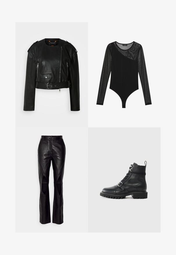 Sort læder cropped jakke med asymmetrisk frontlynlås, lynlås-lommer, skulderepauletter og en taljeelastik med en metallisk spænde.; Sort bodysuit med lange gennemsigtige mesh ærmer, en tætsiddende pasform, en asymmetrisk halsudskæring og en glat, uigennemsigtig bund.; Sorte læderbukser med en tætsiddende pasform, der har skrå sømme og udskæringer i siderne. Lige ben med knaplukning i taljen.; Sorte læder ankelstøvler med rund tå, snørelukning fortil, spænde detaljer og tyk, robust sål. Har sølvfarvet hardware accenter.