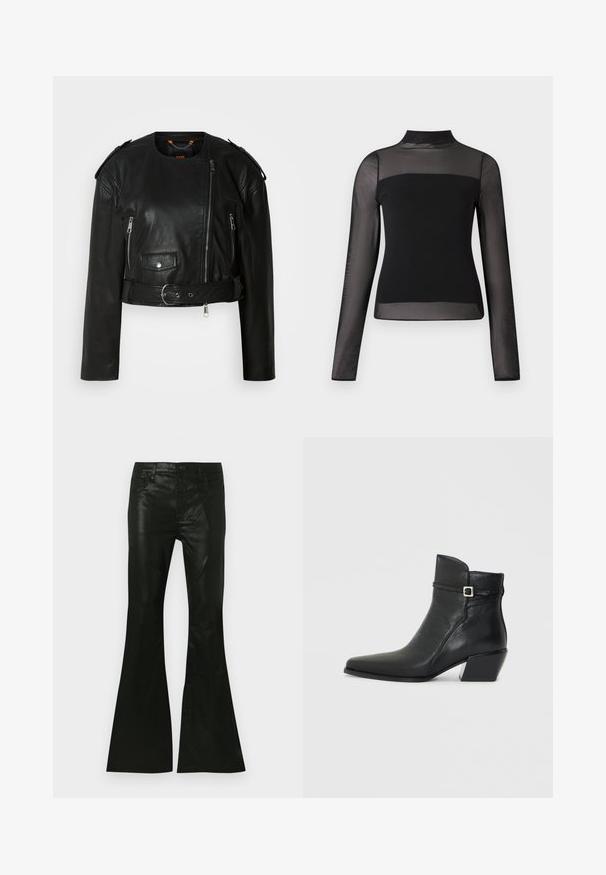 Sort læder cropped jakke med asymmetrisk frontlynlås, lynlås-lommer, skulderepauletter og en taljeelastik med en metallisk spænde.; Sort langærmet top med høj hals, ensfarvet krop og gennemsigtige ærmer i figursyet design. Glat tekstur, minimalistisk stil.; Sorte viddebukser lavet af blankt materiale med en tætsiddende talje, fem-lags lomme-design og knaplukning foran.; Sorte læder ankelstøvler med spids tå, en lav blokhæl og en dekorativ rem med en sølvspænde accent. Glat tekstur.