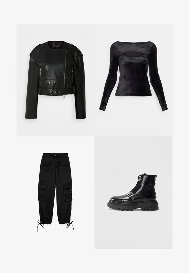 Schwarze Lederjacke mit verkürztem Schnitt, asymmetrischem Frontreißverschluss, Reißverschlusstaschen, Schulterklappen und einem Taillengürtel mit einer metallischen Schnalle.; Schwarzes Langarmshirt aus weichem Samt, mit einem runden Ausschnitt und einem Cut-out-Detail sowie einer taillierten Silhouette. Glatte Textur im gesamten Shirt.; Schwarze Cargo-Hosen aus weichem Material, mit elastischem Bund, zwei Vordertaschen und zwei Seitentaschen mit Knopfklappen. Verstellbare Bündchen.; Schwarze Leder-Ankle-Boots mit strukturierter Oberfläche, ausgestattet mit Schnürdesign, Metallakzenten und einer dicken Gummisohle mit ausgeprägtem Profil.