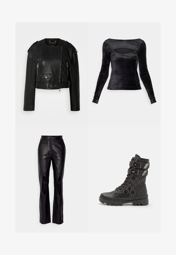 Sort læder cropped jakke med asymmetrisk frontlynlås, lynlås-lommer, skulderepauletter og en taljeelastik med en metallisk spænde.; Sort langærmet bluse lavet af blød velour, med en scooped halsudskæring og udskæringsdetalje samt en tætsiddende silhuet. Glat tekstur hele vejen igennem.; Sorte læderbukser med en tætsiddende pasform, der har skrå sømme og udskæringer i siderne. Lige ben med knaplukning i taljen.; Sorte kampstøvler med en tekstureret overdel, der har et hundetandmønster, to justerbare remme og en robust sål.