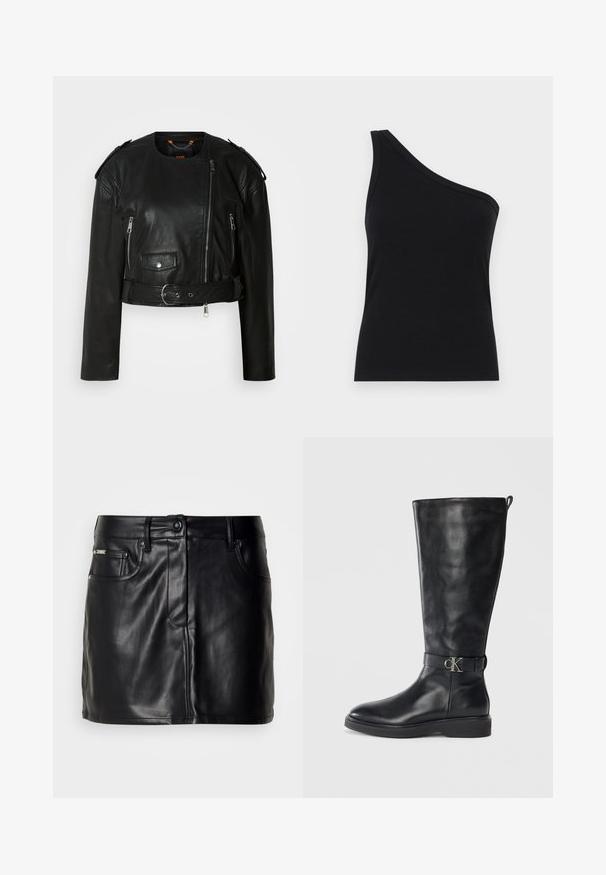 Sort læder cropped jakke med asymmetrisk frontlynlås, lynlås-lommer, skulderepauletter og en taljeelastik med en metallisk spænde.; Løsningstanktop med en skulder i sort ribbet stof, der har et tætsiddende design og blød tekstur. Har en ren, minimalistisk skæring og en glat halsudskæring.; Sort læder mini-nederdel med skræddersyet design, der har forlommer, knaplukning og en glat overflade.; Sorte læder knæhøje støvler med lav hæl, rund tå og metallisk "CK" logo spænde om anklen.