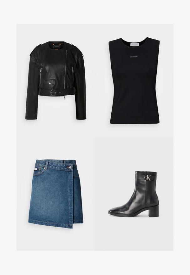 Schwarze Lederjacke mit verkürztem Schnitt, asymmetrischem Frontreißverschluss, Reißverschlusstaschen, Schulterklappen und einem Taillengürtel mit einer metallischen Schnalle.; Schwarzes ärmelloses Top aus glattem Stoff. Merkmale einen runden Ausschnitt und ein kleines Calvin Klein Logo in der Mitte. Einfaches und figurnahes Design.; Jeansrock in Mittelblau mit Wickeldesign, ausgestattet mit einem Knopf- und Reißverschluss sowie sichtbaren Nähten entlang dem Saum.; Schwarze Leder-Ankle Boots mit spitzem Zehenbereich, Blockabsatz und einem Riemen mit einem metallischen Logodetail. Glatte Textur und minimales Design.