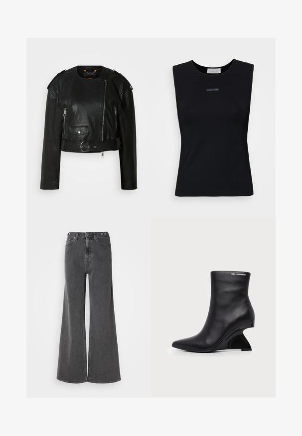 Sort læder cropped jakke med asymmetrisk frontlynlås, lynlås-lommer, skulderepauletter og en taljeelastik med en metallisk spænde.; Sort ærmeløs top lavet af glat stof. Har en rund halsudskæring og et lille Calvin Klein-logo i midten. Simpelt og tætsiddende design.; Bredde ben jeans i falmet sort denim, med høj talje, to frontlommer og metalknaplukninger. Glat tekstur, minimal design.; Sort læderankelstøvle med buet skulptureret hæl og Karl Lagerfeld-logo nær den øverste kant på hvid baggrund.