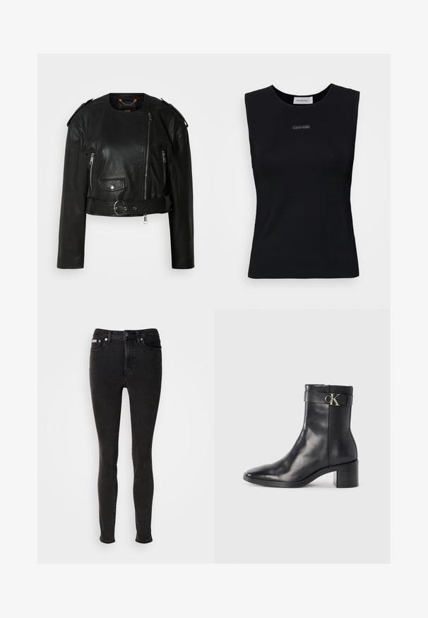 Veste cropped en cuir noir avec fermeture éclair asymétrique à l'avant, poches zippées, épaulettes et une ceinture à la taille avec une boucle métallique.; Top sans manches noir en tissu lisse. Doté d'un col rond et d'un petit logo Calvin Klein au centre. Design simple et ajusté.; Jean skinny noir en denim à texture lisse, doté d'un design à cinq poches, passants pour ceinture et fermeture par bouton en métal.; Botte de cheville en cuir noir avec un bout pointu, un talon carré et une sangle avec un détail de logo métallique. Texture lisse et design minimaliste.