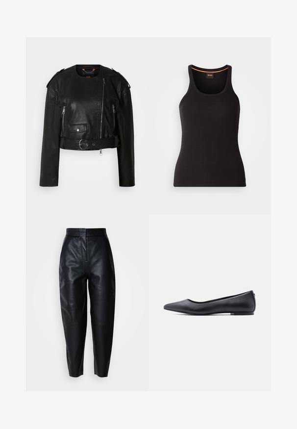 Sort læder cropped jakke med asymmetrisk frontlynlås, lynlås-lommer, skulderepauletter og en taljeelastik med en metallisk spænde.; Sort ribbet tanktop med rund halsudskæring. Har en tætsiddende pasform og orange detaljer ved halsen. Brandlogo subtilt broderet på fronten.; Sorte højtaljede smalle læderbukser med lynlås foran og syninger ved knæene på en ensfarvet hvid baggrund.; Sort flad lædersko med spidst tåparti og lav hæl, vist i sideprofil mod en hvid baggrund.