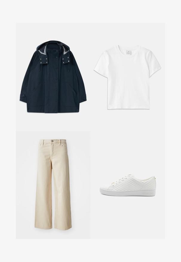 Parka de pluie bleu marine foncé à capuche avec des boutons pression à l'avant, de grandes poches latérales, des cordons réglables et des poignets à boutons.; T-shirt en coton blanc avec un col rond, des manches courtes et un ourlet droit. Étiquette marquée "Won Hundred" au centre de l'encolure.; Jean large beige en denim, avec une taille haute, fermeture à bouton, passants de ceinture et poches latérales. Texture lisse et coupe décontractée.; Baskets blanches avec un design en maille texturée, semelle plate, bout rond et laçage à l'avant. Nom de la marque embossé sur le côté et accents dorés.
