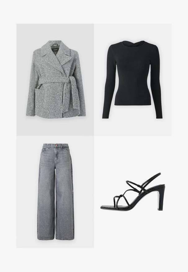 Manteau en mélange de laine gris avec col à revers, deux poches avant, ceinture à nouer et surface texturée. Convient pour les temps frais.; Haut noir à manches longues en tissu côtelé. Présente un design croisé unique au niveau de l'encolure, offrant une silhouette ajustée.; Jean en denim à jambes larges dans un délavé gris, avec cinq poches, une fermeture à bouton et une texture douce avec des détails de whiskering subtils.; Sandales noires à talons avec des fines lanières, une finition texturée, bout ouvert et un design de talon pointu et élégant. Équipées d'une semelle intérieure lisse et d'une surface brillante.