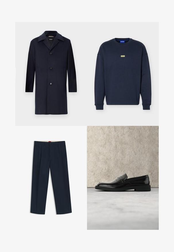 Navyblauer Wollmantel mit gerader Silhouette, großen Revers, Knopfverschluss, seitlichen Taschen und glatter Textur. Für formelle Anlässe entworfen.; Dunkelblaues Sweatshirt mit Rundhalsausschnitt und langen Ärmeln, mit kleinem gelbem "HUGO"-Logo auf der Brust und blauem Etikett im Krageninneren.; Dunkelblaue Hose mit weitem Bein, Gürtelschlaufen, vorderer Knopf- und Reißverschluss sowie seitlichen Taschen, auf weißem Hintergrund dargestellt.; Schwarzer, polierter Lederloafer, der über einem beigen Teppich schwebt, mit orangener, durchscheinender Möbel im Hintergrund.