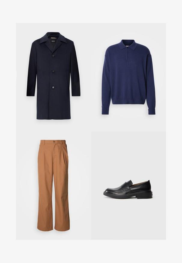 Navyblauer Wollmantel mit gerader Silhouette, großen Revers, Knopfverschluss, seitlichen Taschen und glatter Textur. Für formelle Anlässe entworfen.; Marineblauer Pullover mit Kragen, langen Ärmeln und gerippten Bündchen. Weiche Textur mit lockerer Passform und einer Drei-Knopf-Leiste.; Weit geschnittene Hosen aus warmbraunem Stoff, mit einer vorderen Knopfverschluss, dezenten Falten und geradem Schnitt für eine entspannte Passform.; Schwarze Leder-Pantoletten mit niedrigem Absatz und dezentem Calvin Klein-Logo an der Seite, im Profil vor einem weißen Hintergrund dargestellt.