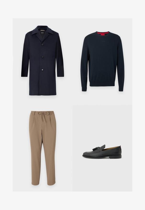 Marineblauw wollen jas met een rechte silhouet, grote revers, knoopsluiting, zijzakken en een gladde textuur. Ontworpen voor formele kleding.; Donkerblauwe sweater met ronde hals gemaakt van zacht materiaal. Voorzien van lange mouwen, geribbelde boorden en een klein reliëflogo aan de voorkant.; Beige tapsbroek met een trekkoord in de taille, zijzakken en een gladde textuur. Geen zichtbare patronen of extra accenten.; Zwarte leren herenslof met kwastjes, ronde neus, lage hak en trekkoord aan de achterkant, zijaanzicht op lichtgrijze achtergrond.