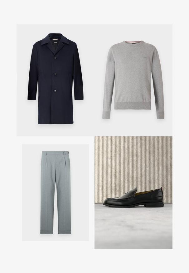 Navyblauer Wollmantel mit gerader Silhouette, großen Revers, Knopfverschluss, seitlichen Taschen und glatter Textur. Für formelle Anlässe entworfen.; Grauer Pullover mit Rundhalsausschnitt, langen Ärmeln, gerippten Bündchen und Saum, mit einem dezenten Logo auf der Brust und gestreiften Akzenten am Halsausschnitt.; Helle graue Hose aus strukturiertem Stoff mit geradem Bein, einfachen Falten und umgeschlagenen Säumen. Minimalistisches und maßgeschneidertes Erscheinungsbild.; Schwarzer Herren-Slipper aus Leder mit einer krokogeprägten Vorderkappe und einem niedrigen Absatz, im Profil vor neutralem Hintergrund gezeigt.