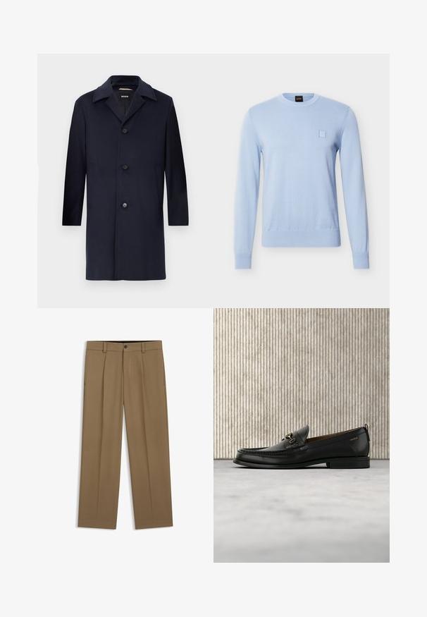 Navyblauer Wollmantel mit gerader Silhouette, großen Revers, Knopfverschluss, seitlichen Taschen und glatter Textur. Für formelle Anlässe entworfen.; Hellblauer langärmliger Strickpullover mit Rundhalsausschnitt, gerippten Bündchen und Saum sowie einem kleinen eingenähten Quadrat auf der linken Brust.; Braune gerade geschnittene Hose mit Gürtelschlaufen, Vorderknopf und Reißverschluss, flach auf weißem Hintergrund dargestellt.; Schwarzer Lederloafer mit goldfarbenem Metallbit und "HUGO"-Markenlogo, präsentiert vor einem beigen Teppich und braunen durchsichtigen Möbelstücken.