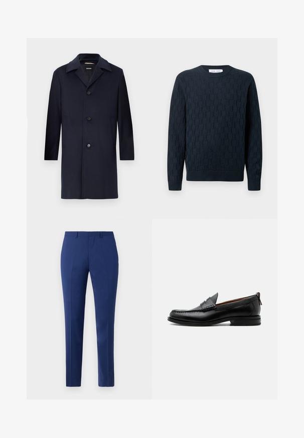 Abrigo de lana azul marino con silueta recta, grandes solapas, cierre de botón, bolsillos laterales y una textura suave. Diseñado para ocasiones formales.; Jersey de punto azul marino con un patrón texturizado, cuello redondo y puños y dobladillo acanalados. Hecho de hilo suave para mayor comodidad.; Pantalones ajustados azul marino de corte recto, con pliegues y bolsillos frontales. Fabricados en una tela suave con un acabado limpio.; Mocasín de hombre de piel negra con costura moc toe, tira penny, cuello texturizado y tacón bajo apilado sobre fondo blanco.