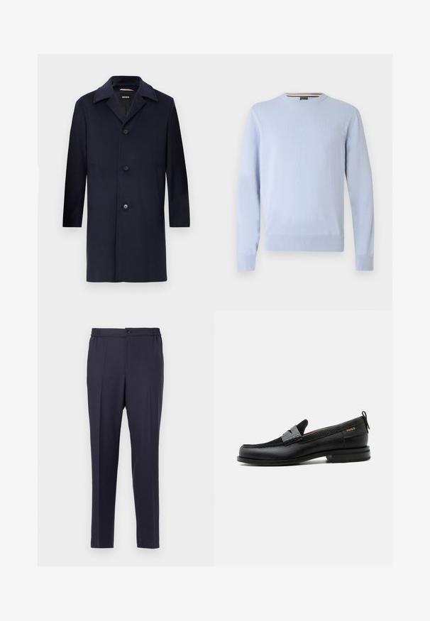 Marineblauw wollen jas met een rechte silhouet, grote revers, knoopsluiting, zijzakken en een gladde textuur. Ontworpen voor formele kleding.; Lichtblauwe trui, ronde hals, lange mouwen, geribbelde manchetten en zoom, met een klein logo op de borst, gemaakt van zachte gebreide stof.; Marineblauwe broeken met een rechtvoorige snit, elastische tailleband en knoopsluiting. Rechte pasvorm en een soepele textuur, geschikt voor formele of casual gelegenheden.; Zwarte leren loafer met grijs riemdetailelement, lage hak en gestructureerde zool, aan de zijkant gebrandmerkt met "HUGO" in goud.