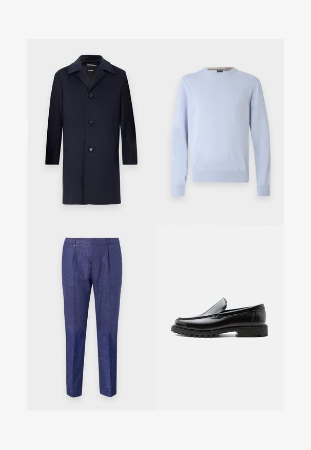 Abrigo de lana azul marino con silueta recta, grandes solapas, cierre de botón, bolsillos laterales y una textura suave. Diseñado para ocasiones formales.; Suéter azul claro, cuello redondo, mangas largas, puños y dobladillo acanalados, con un pequeño logo en el pecho, hecho de tejido de punto suave.; Pantalones azul marino de tela texturizada, con un diseño de pierna recta, dos pliegues frontales y un discreto detalle metálico en la cintura.; Mocasín de cuero negro con suela de goma gruesa, empeine cosido y nombre de la marca en relieve en el talón, mostrado en perfil lateral sobre fondo blanco.
