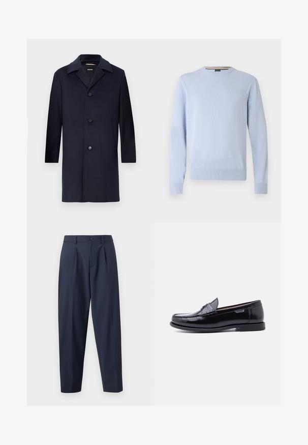 Navyblauer Wollmantel mit gerader Silhouette, großen Revers, Knopfverschluss, seitlichen Taschen und glatter Textur. Für formelle Anlässe entworfen.; Hellblauer Pullover mit rundem Ausschnitt, langen Ärmeln, gerippten Bündchen und Saum, mit kleinem Logo auf der Brust, gefertigt aus weichem Strickstoff.; Marineblau maßgeschneiderte Hose mit Falten, aus einem glatten Stoff gefertigt. Verfügt über einen Knopfverschluss und ein tailliertes Bein Design.; Schwarze Leder-Loafer mit glänzendem Finish, mit einer gesteppten Verzierung auf der Zehenpartie und einer niedrigen, strukturierten schwarzen Gummisohle.