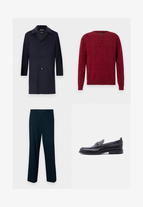 Navyblauer Wollmantel mit gerader Silhouette, großen Revers, Knopfverschluss, seitlichen Taschen und glatter Textur. Für formelle Anlässe entworfen.; Roter Pullover mit strukturiertem Muster, rundem Ausschnitt sowie gerippten Bündchen und Saum. Hergestellt aus weichem Material, das eine warme und bequeme Passform bietet.; Marineblaue Hose aus glattem Stoff mit Knopfverschluss, geradem Bein und minimaler Gestaltung.; Schwarzer Lederloafer mit grauem, strukturiertem Vorderblatt, silberner Metallschnalle, niedrigem Absatz und Zuglasche hinten.