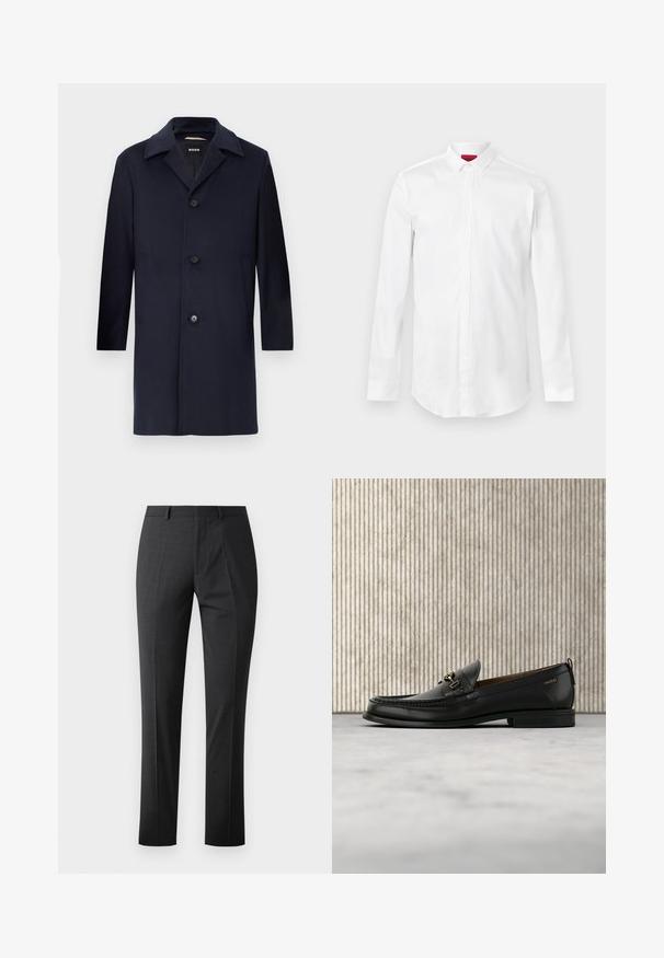 Abrigo de lana azul marino con silueta recta, grandes solapas, cierre de botón, bolsillos laterales y una textura suave. Diseñado para ocasiones formales.; Camisa blanca de manga larga con cuello puntiagudo y tapeta de botones oculta, mostrada sobre un fondo liso y claro.; Pantalones oscuros grises a medida con una textura suave, corte ajustado, frente plano y cinturilla estándar. Presentan pliegues marcados y sin patrones visibles.; Mocasín de cuero negro con pieza metálica dorada y logotipo "HUGO", exhibido sobre una alfombra beige y muebles translúcidos marrones.