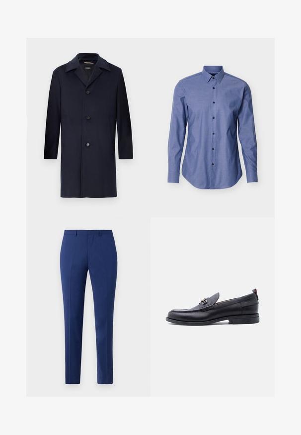 Navyblauer Wollmantel mit gerader Silhouette, großen Revers, Knopfverschluss, seitlichen Taschen und glatter Textur. Für formelle Anlässe entworfen.; Langarm-Blaues Hemd mit spitzem Kragen und schwarzen Knöpfen vorne, vor weißem Hintergrund dargestellt.; Marineblaue, taillierte Hose mit geradem Schnitt, ausgestattet mit Falten und Vordertaschen. Hergestellt aus glattem Stoff mit sauberem Finish.; Schwarzer Lederloafer mit grauem, strukturiertem Vorderblatt, silberner Metallschnalle, niedrigem Absatz und Zuglasche hinten.