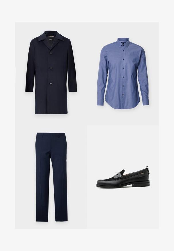 Abrigo de lana azul marino con silueta recta, grandes solapas, cierre de botón, bolsillos laterales y una textura suave. Diseñado para ocasiones formales.; Camisa azul de manga larga con cuello puntiagudo y botones negros en la parte delantera, exhibida sobre un fondo blanco.; Pantalones azul marino con un corte entallado, que presentan una textura suave, pliegues marcados y un diseño de frente plano. Cierre de cremallera oculta.; Mocasín de cuero negro con detalle de tira gris, tacón bajo y suela texturizada, con la marca "HUGO" en oro en el lateral.